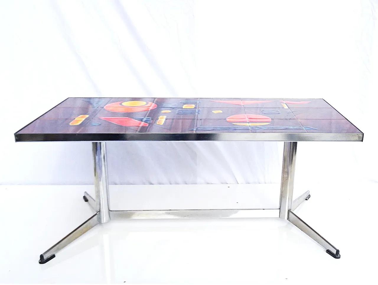 Vallauris coffee table ceramic tiles chrome base signed La Grange, 60s