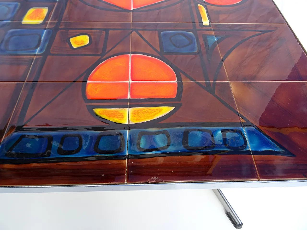 French Vallauris coffee table ceramic tiles chrome base signed La Grange, 60-70s