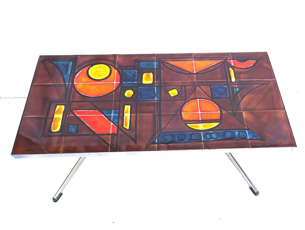 Vallauris La Grange ceramic tile coffee table chrome base signed, from mid-century.