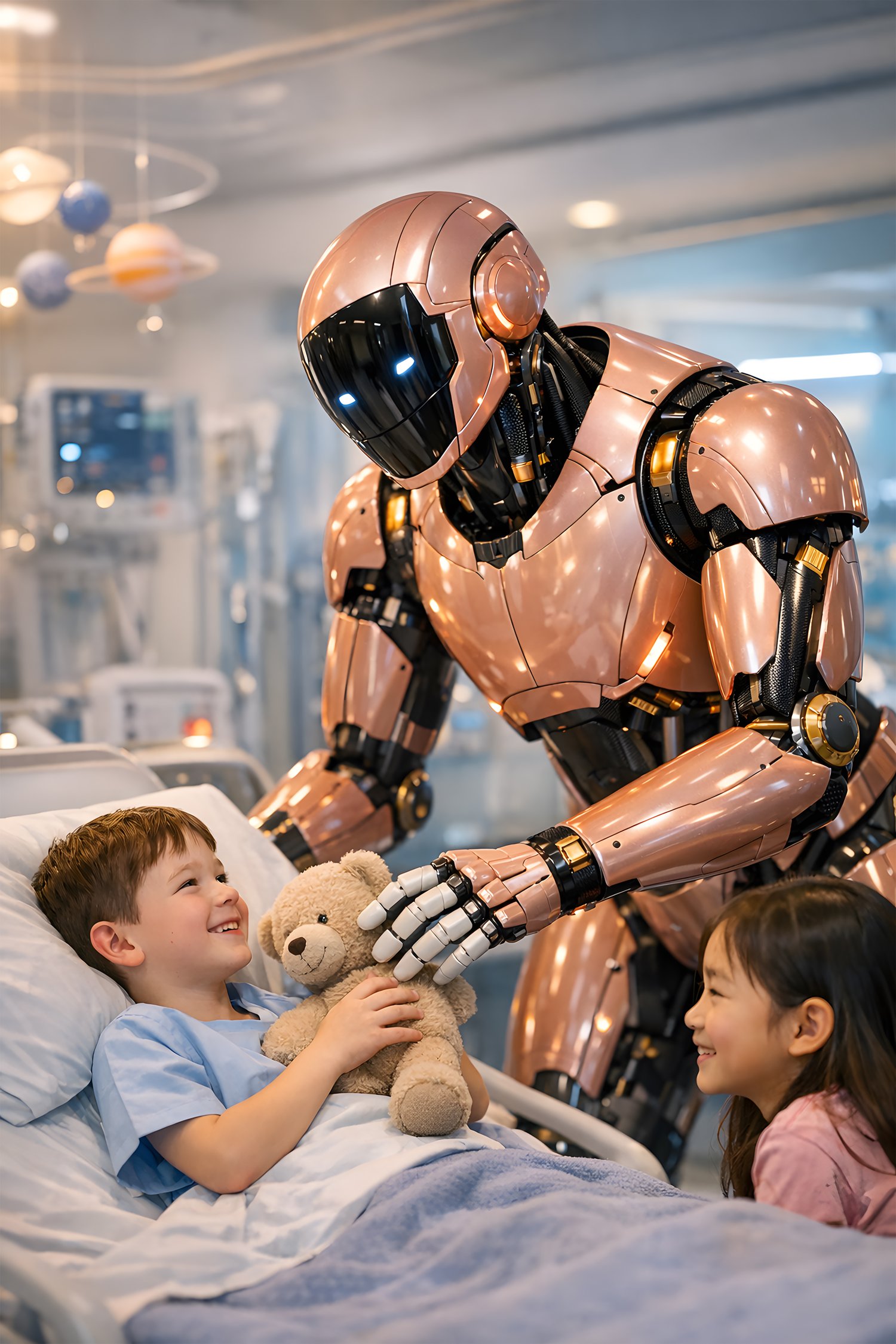 Compassionate robot gently engaging with kids in a modern hospital room with advanced medical tech