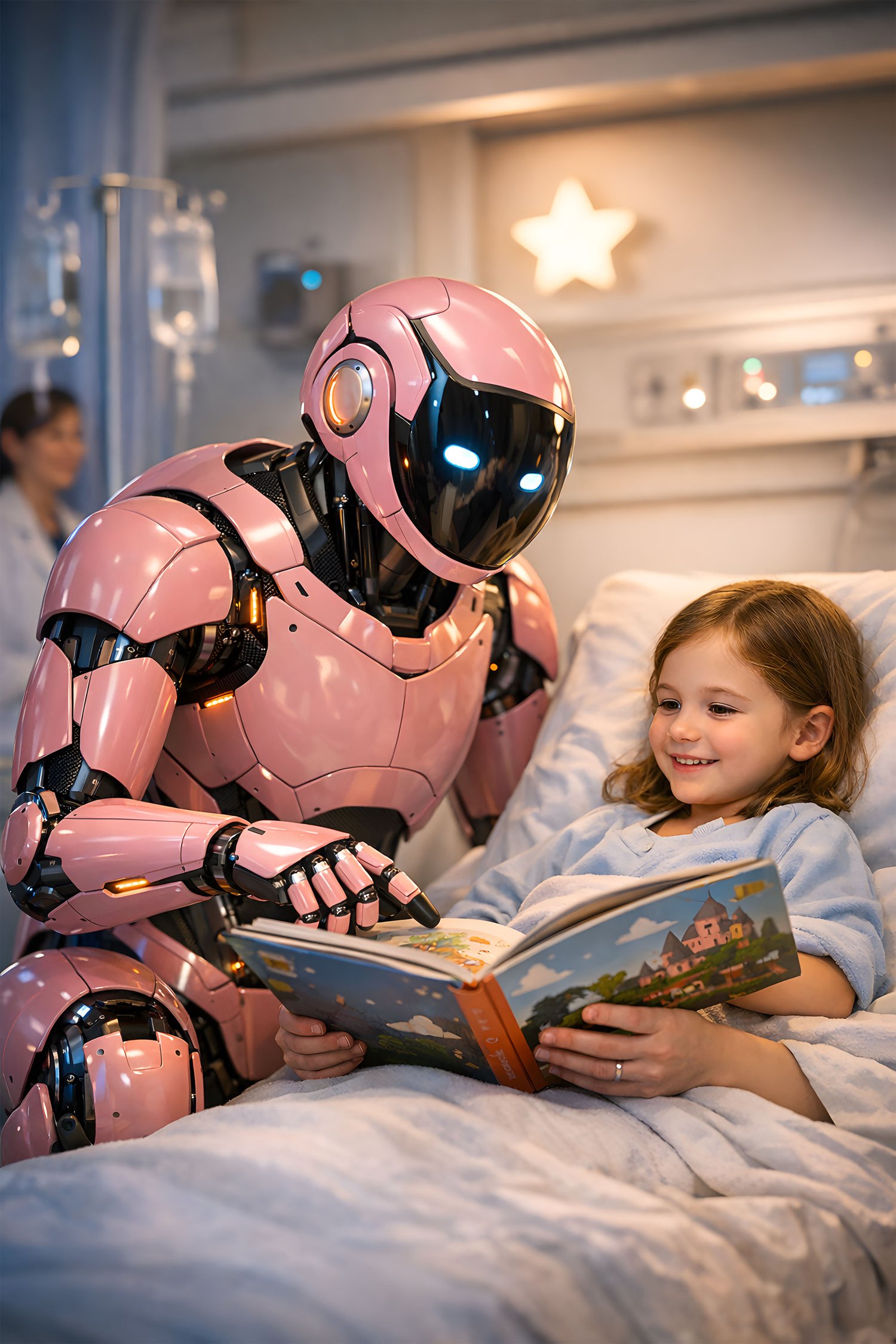 Pink caregiving robot reading bedtime story to smiling child in hospital bed holding stuffed toy
