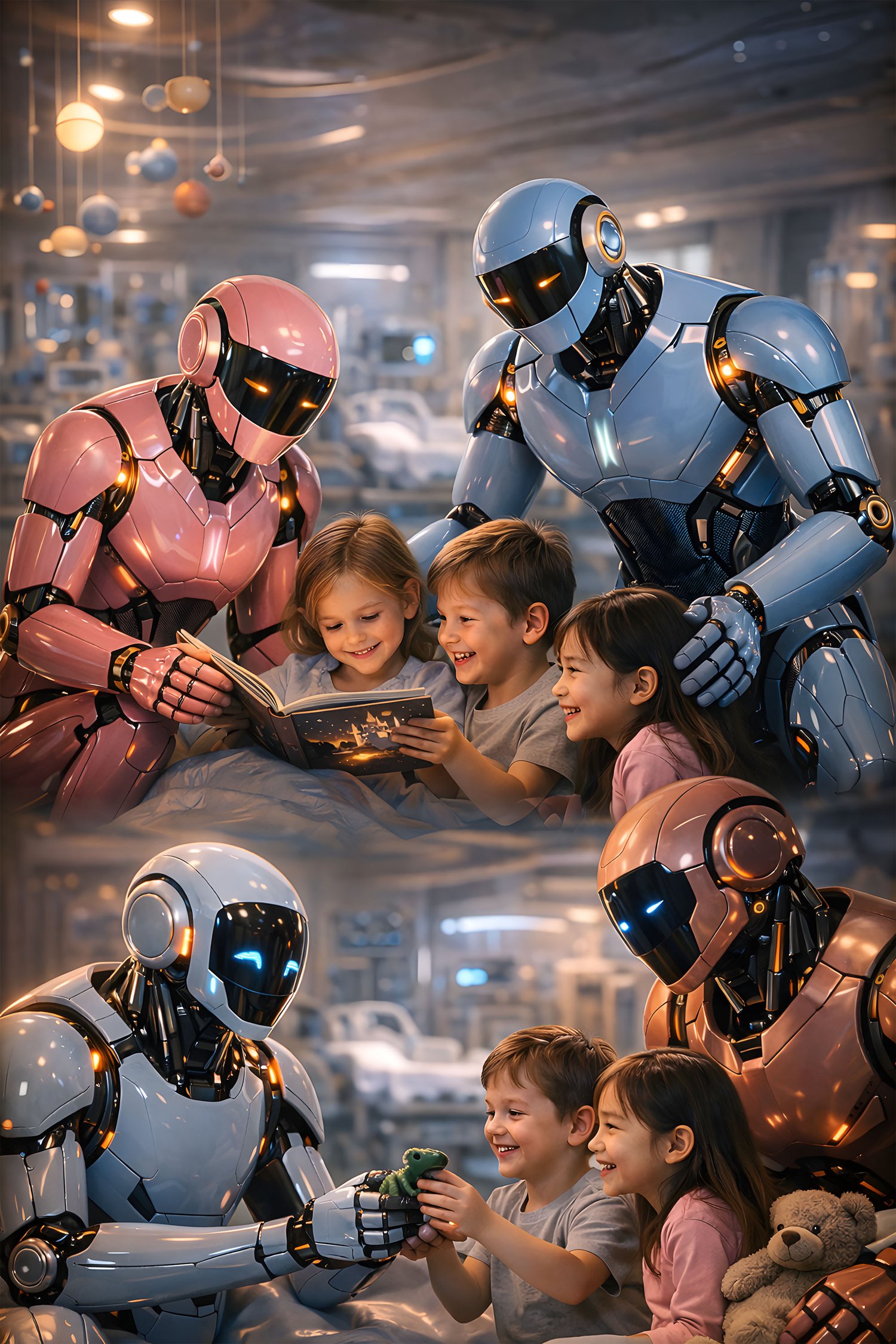 Advanced AI robots bringing joy to children in hospital through play and storytelling