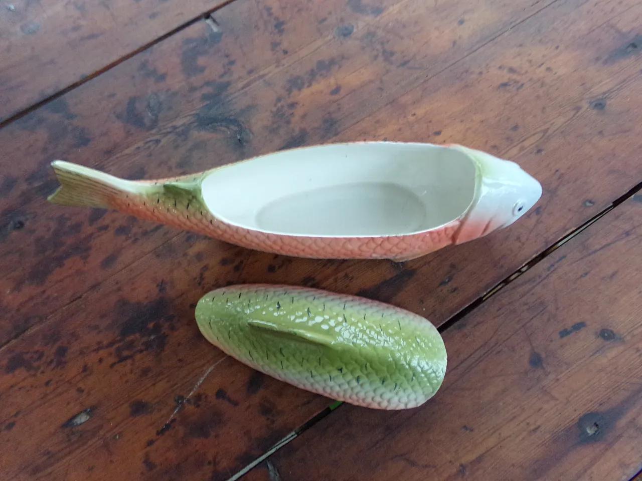 vintage Michel Caugant faience salmon-shaped terrine