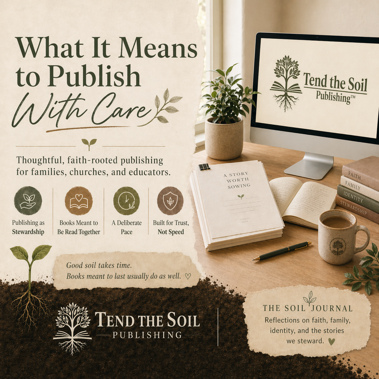 Modern publishing workspace with Tend the Soil Publishing logo displayed on a computer screen, notebooks and pencils nearby.