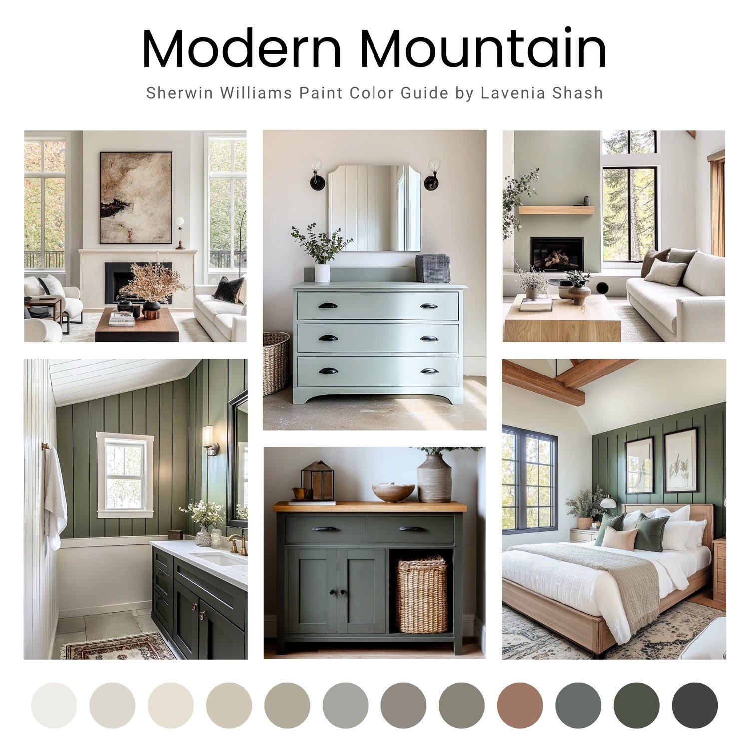 A Modern Mountain color palette with Sherwin Williams paint scheme. Organic earth tones for home interior.