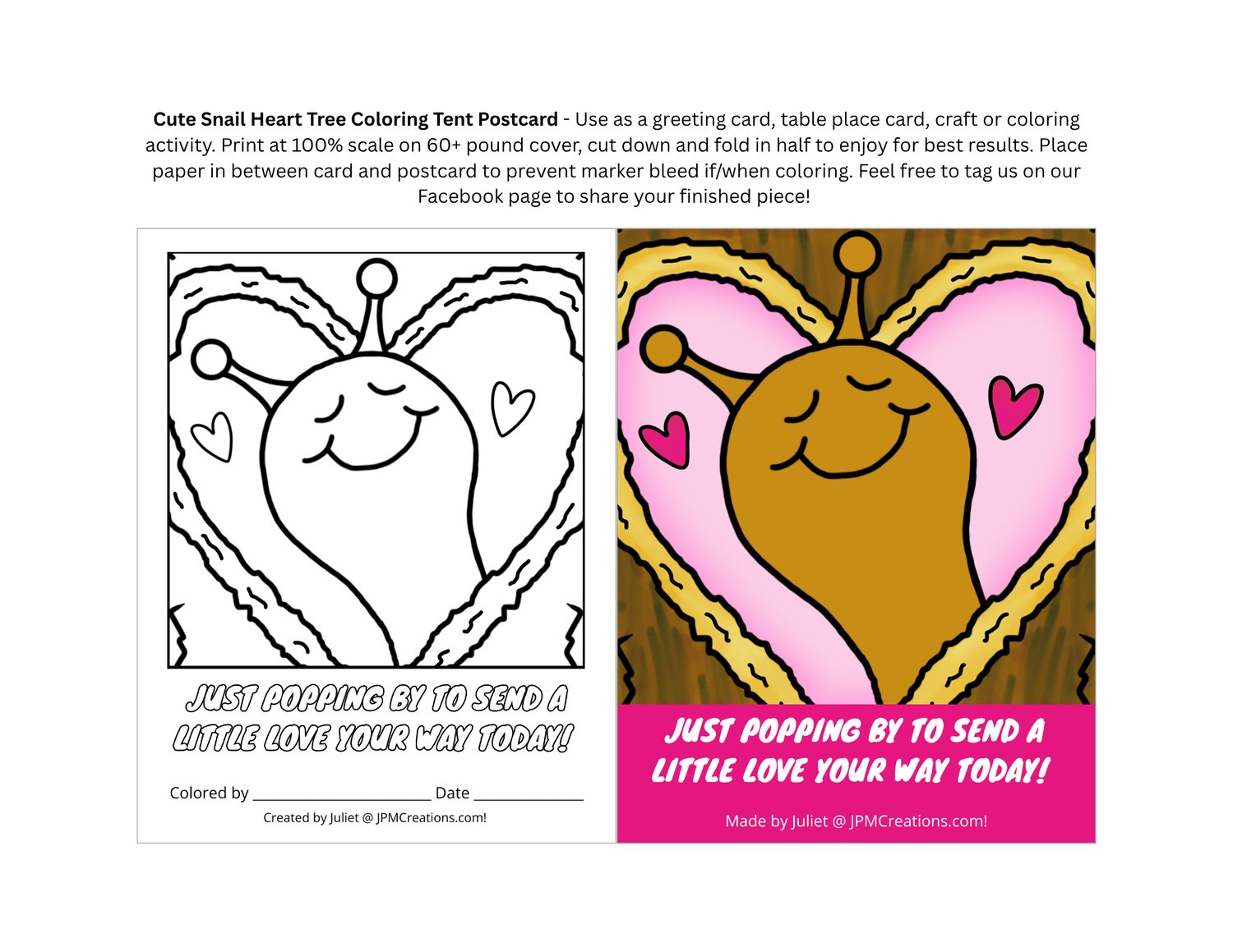 Cute Snail Heart Tree Coloring Postcard (print sheet)