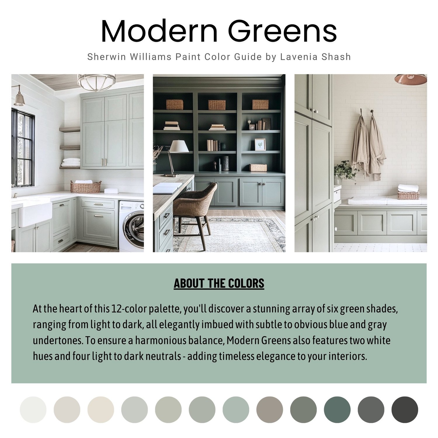 Sherwin Williams green paint palette. Whole house color scheme with neutrals and coordinating colors. Paint colors for home with whites, greiges, greens, gray and black. Interior design color scheme created by Lavenia Shash.