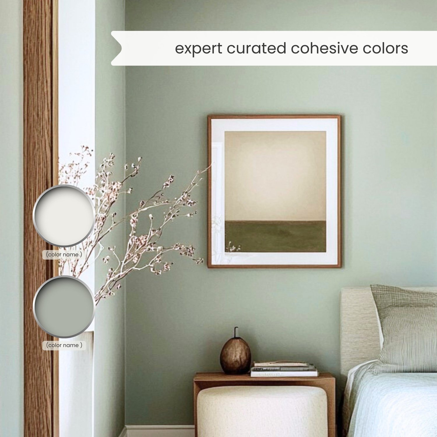 Sherwin Williams green paint palette. Whole house color scheme with neutrals and coordinating colors. Paint colors for home with whites, greiges, greens, gray and black. Interior design color scheme created by Lavenia Shash.