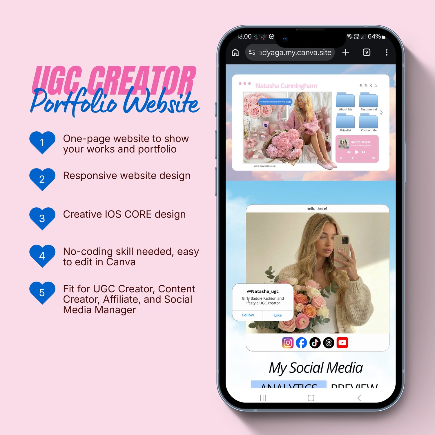 Pink and Blue Website Link in Bio Landing Page Design Canva