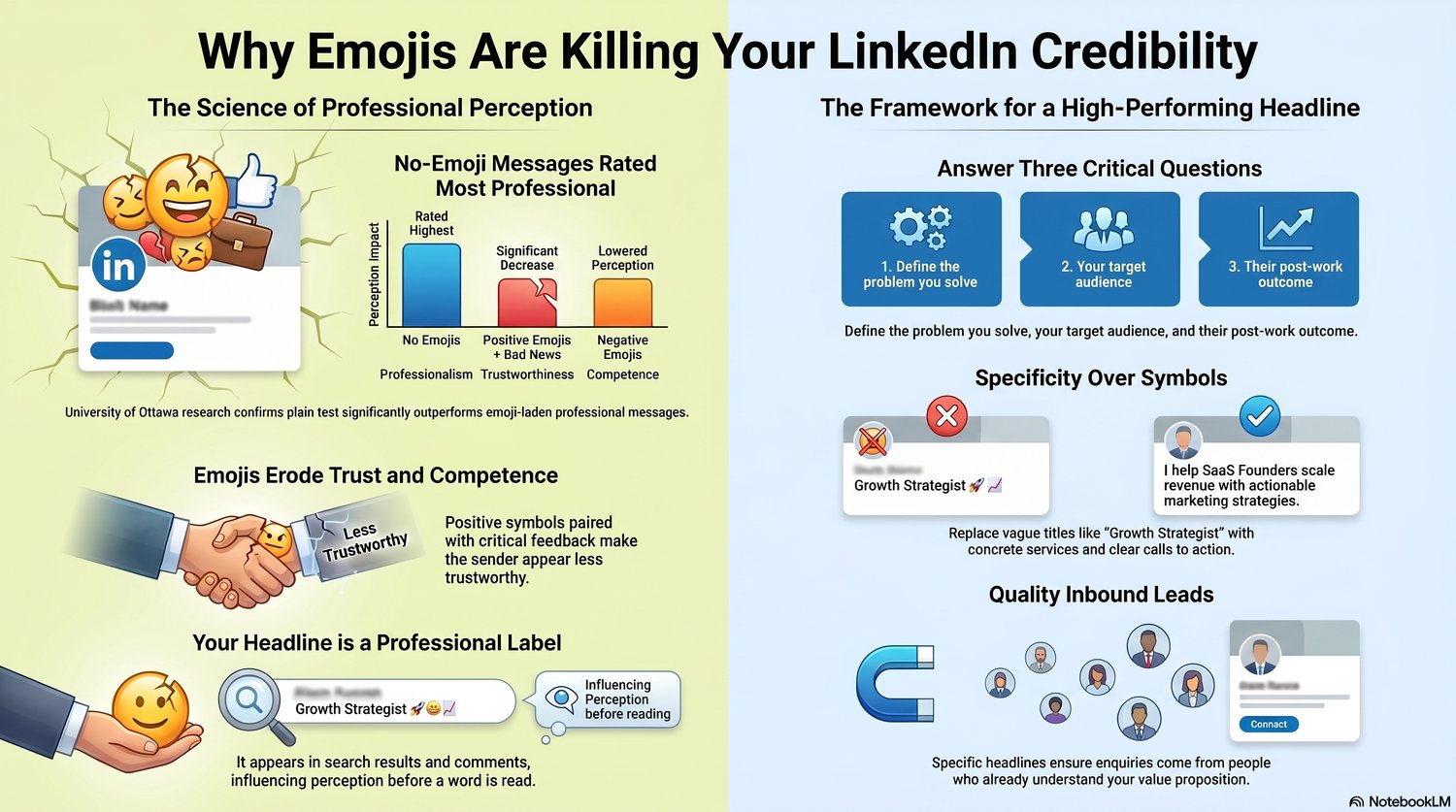 Infographic titled 'Why Emojis Are Killing Your LinkedIn Credibility' with two main sections. Left side shows the science of professional perception: a chart comparing no-emoji messages (rated highest for professionalism), positive emojis with bad news (s