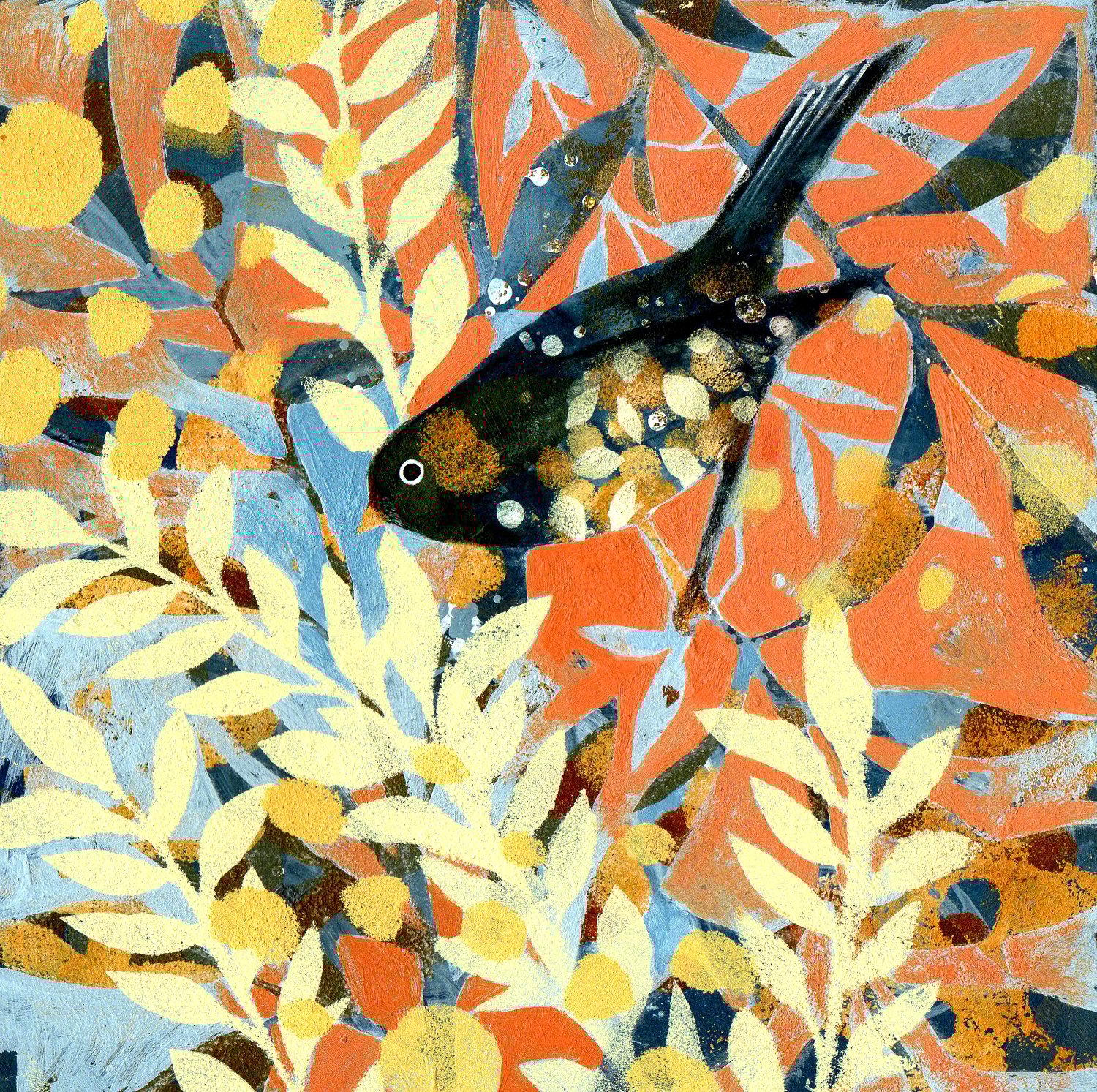 acrylic painting of a bird with leaf motifs created using stencils