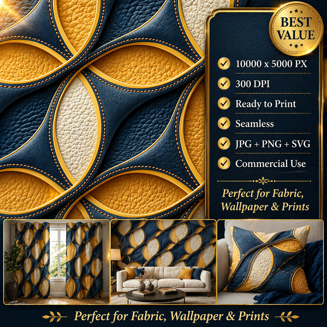 Luxury Leather Geometric Seamless Pattern Gold Blue Textured Abstract Background for Wallpaper and Textile Design