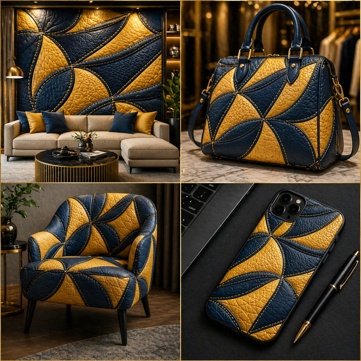 Luxury Leather Geometric Seamless Pattern Gold Blue Textured Abstract Background for Wallpaper and Textile Design
