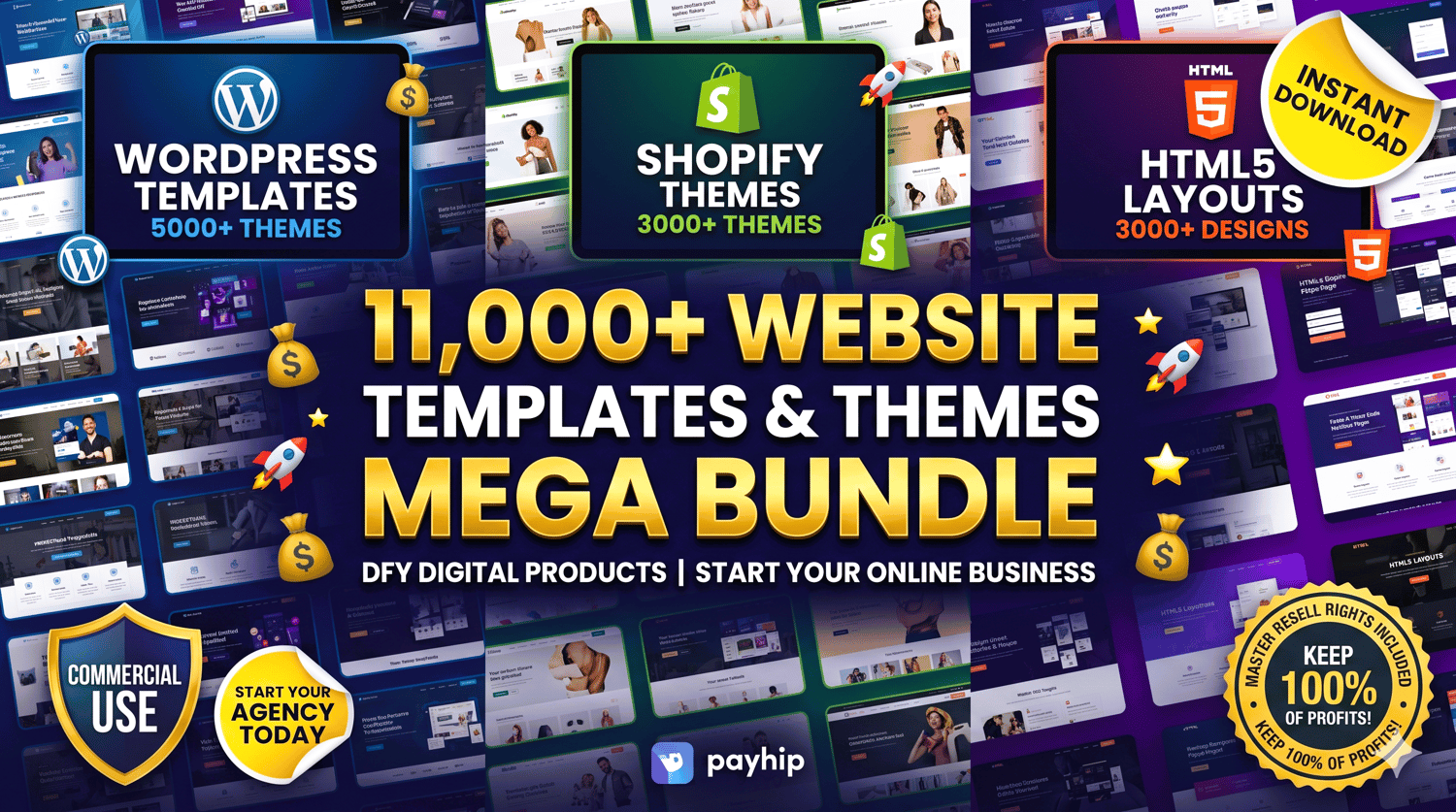 Ultimate 10K+ WordPress & Shopify Themes Bundle! DFY Website Templates + PLR Digital Products. Instant Download!  Resell Rights
