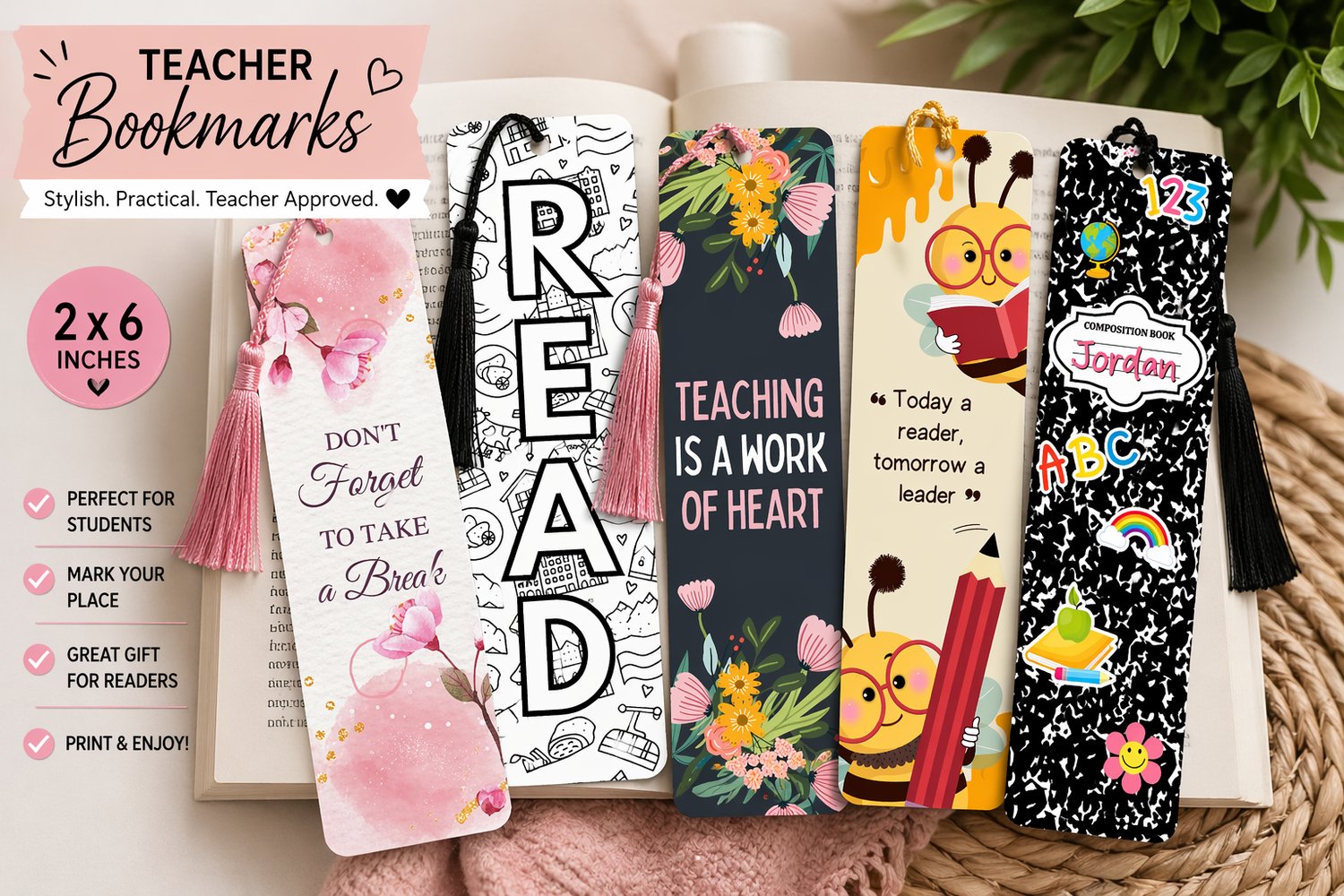 Editable Teacher Bookmark Set | 2x6 Printable Bookmarks | Canva ...