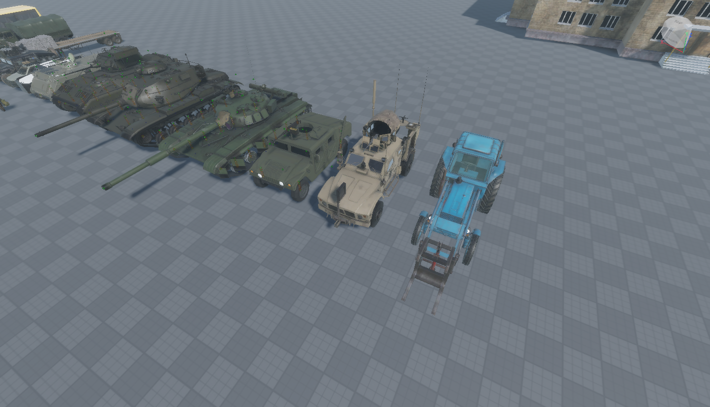 Detailed Roblox army vehicles lined up in formation