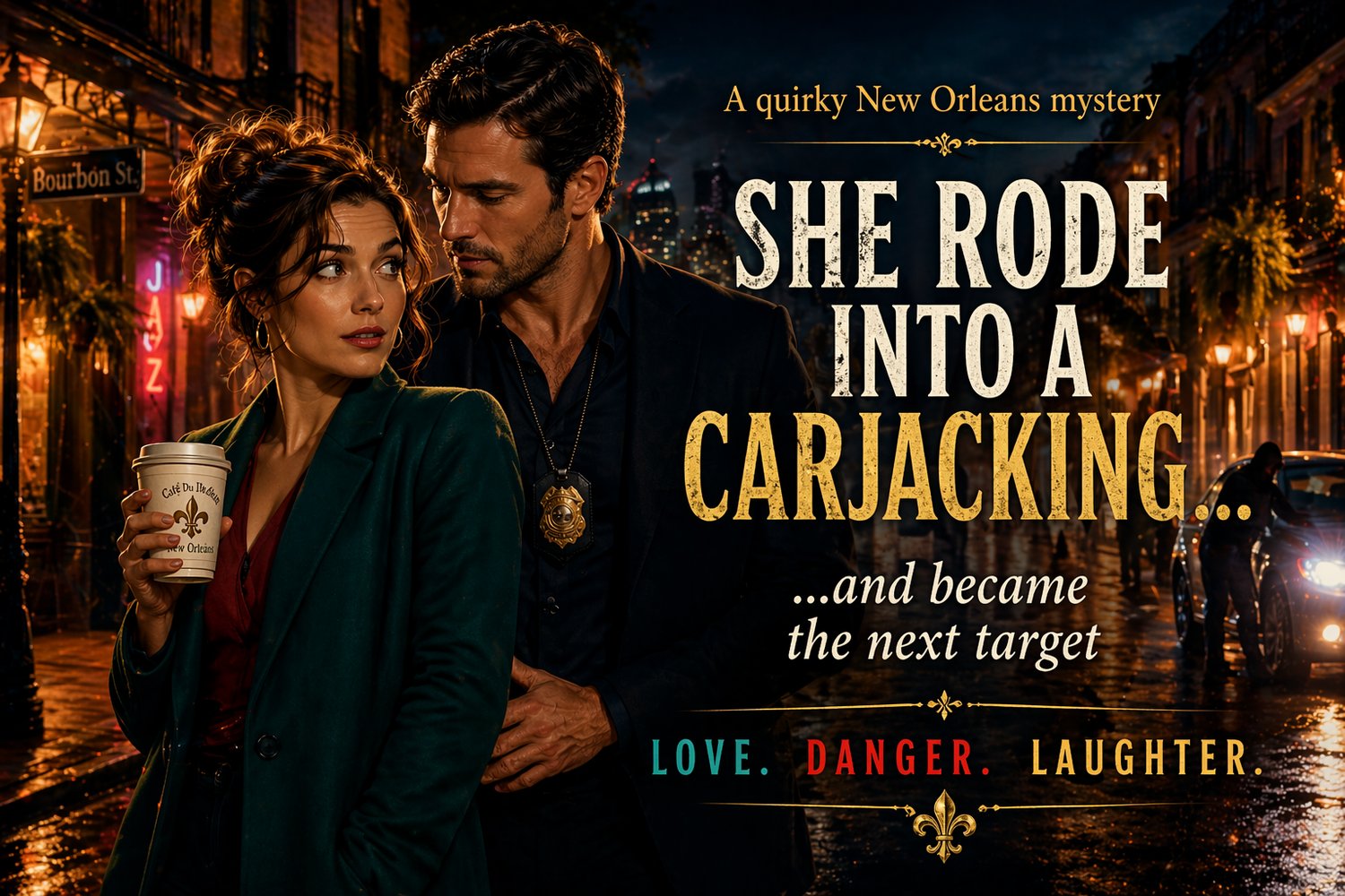 Romantic suspense couple in New Orleans at night, woman holding coffee, detective protecting her as danger app