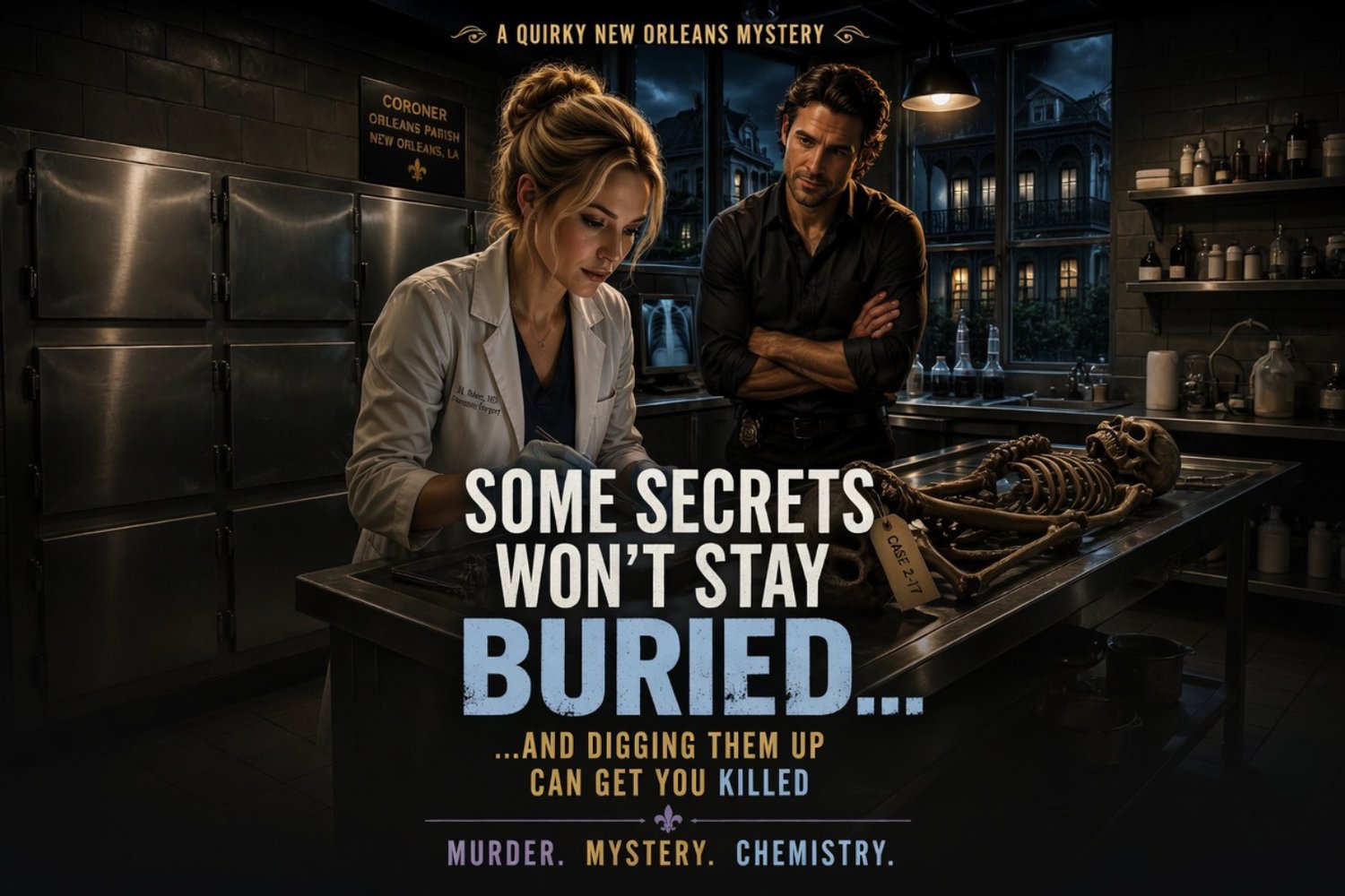 Forensic surgeon examining a case in a dim New Orleans morgue while a detective watches, suspenseful romantic tone