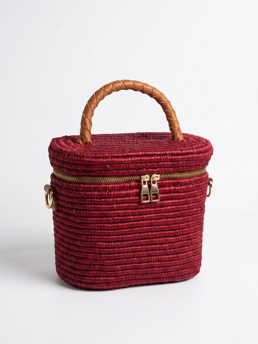 Kasbah Raffia Bag by Palm Tote — compact structured  handwoven natural raffia bag with leather handles  and detachable shoulder strap, made in Morocco