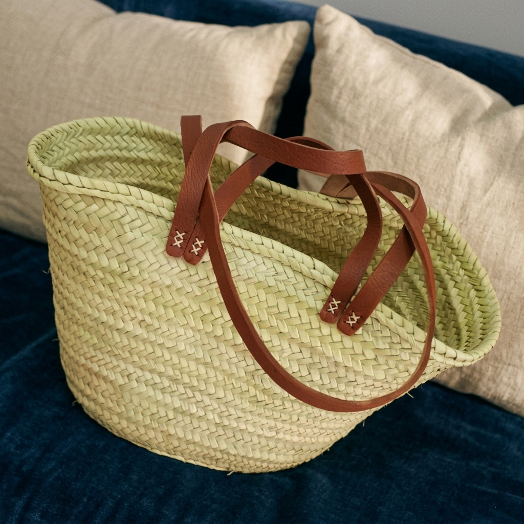 Sahara Basket Bag by Palm Tote — handwoven natural  palm straw basket bag with double flat tan leather  handles, made in Morocco