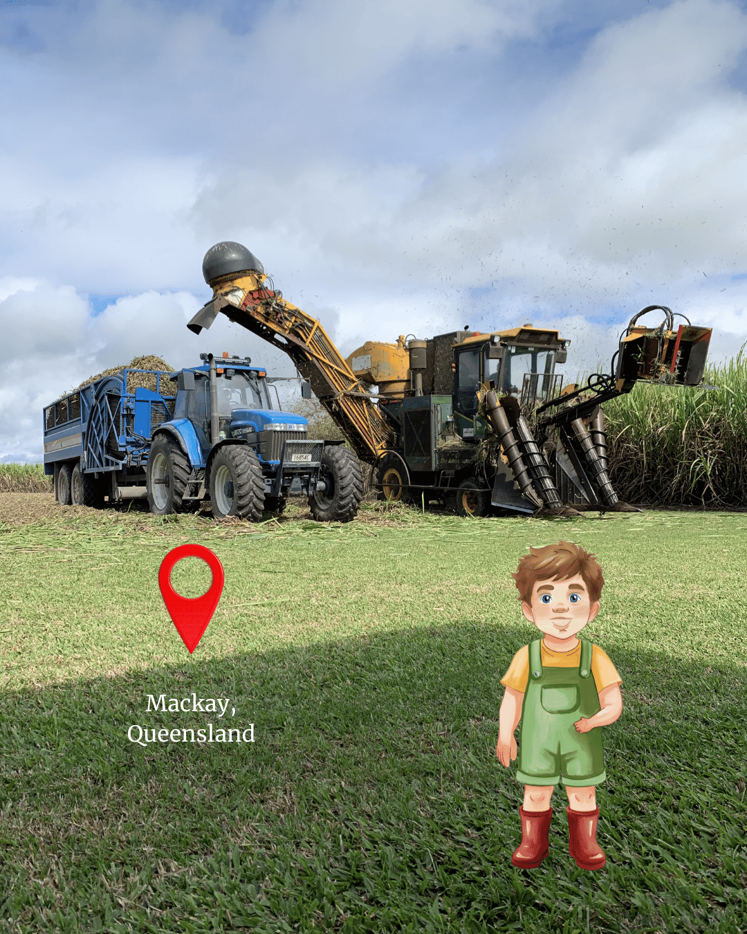 Malcolm visits a sugarcane farm in Mackay, Queensland, with a harvester and truck in the background.