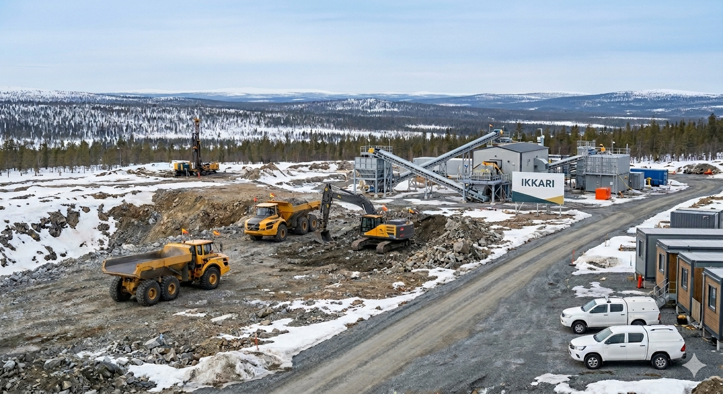 Ikkari gold mine project in Finnish Lapland 2026. A large-scale mining site with excavators, haul trucks, and processing infrastructure in a snowy arctic landscape. This world-class gold deposit in Finland represents a major global investment opportunity 