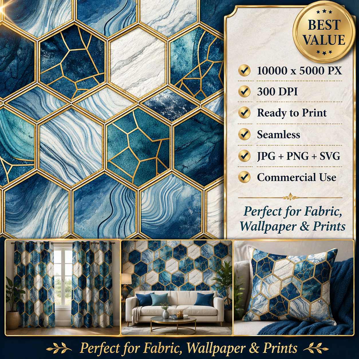 Blue Marble Hexagon Seamless Pattern Gold Geometric Luxury Abstract Background for Wallpaper and Textile Design
