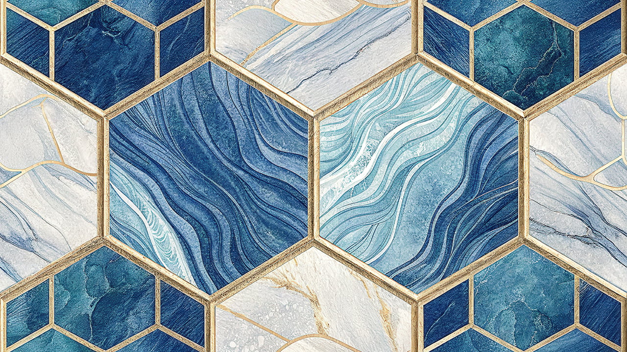Blue Marble Hexagon Seamless Pattern Gold Geometric Luxury Abstract Background for Wallpaper and Textile Design