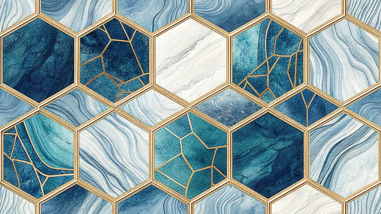 Blue Marble Hexagon Seamless Pattern Gold Geometric Luxury Abstract Background for Wallpaper and Textile Design