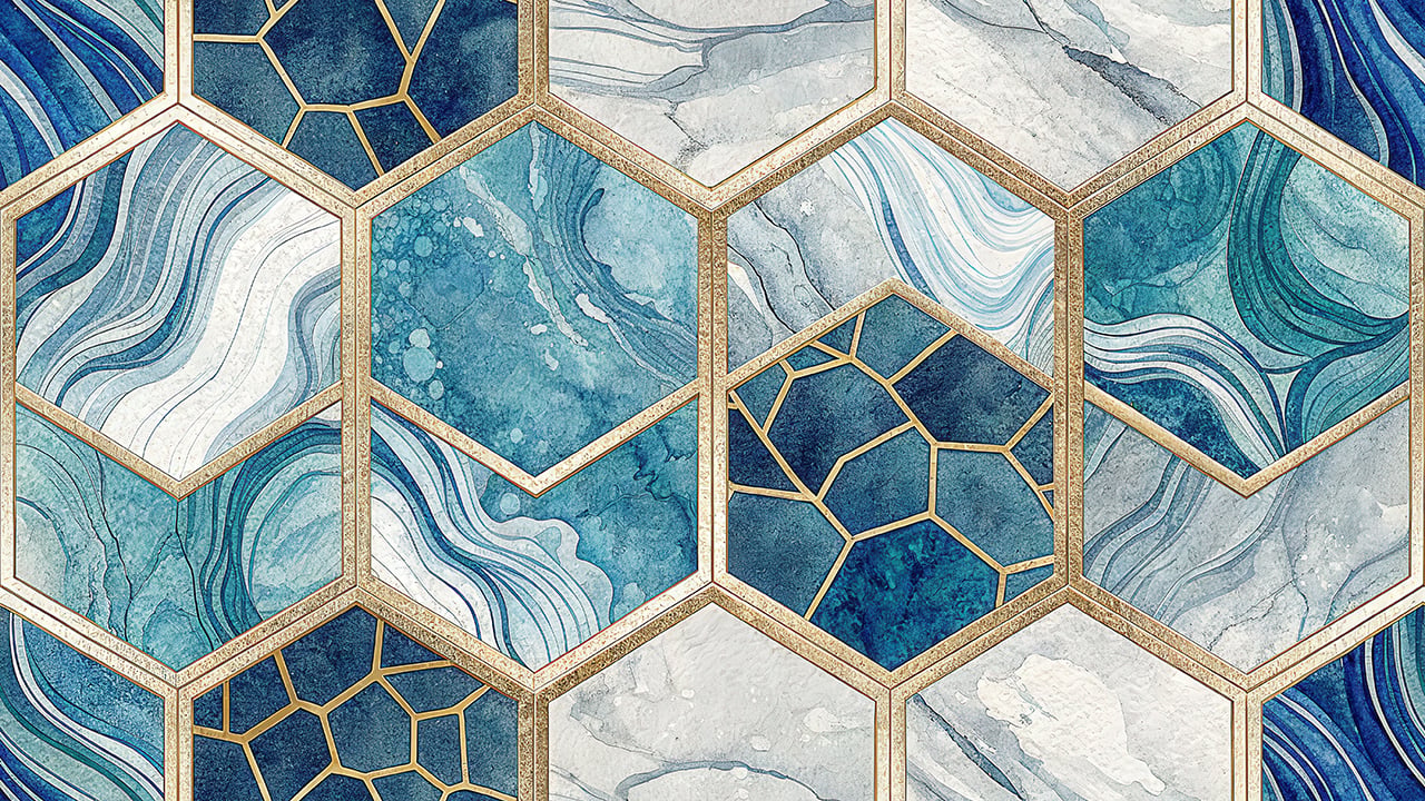Blue Marble Hexagon Seamless Pattern Gold Geometric Luxury Abstract Background for Wallpaper and Textile Design
