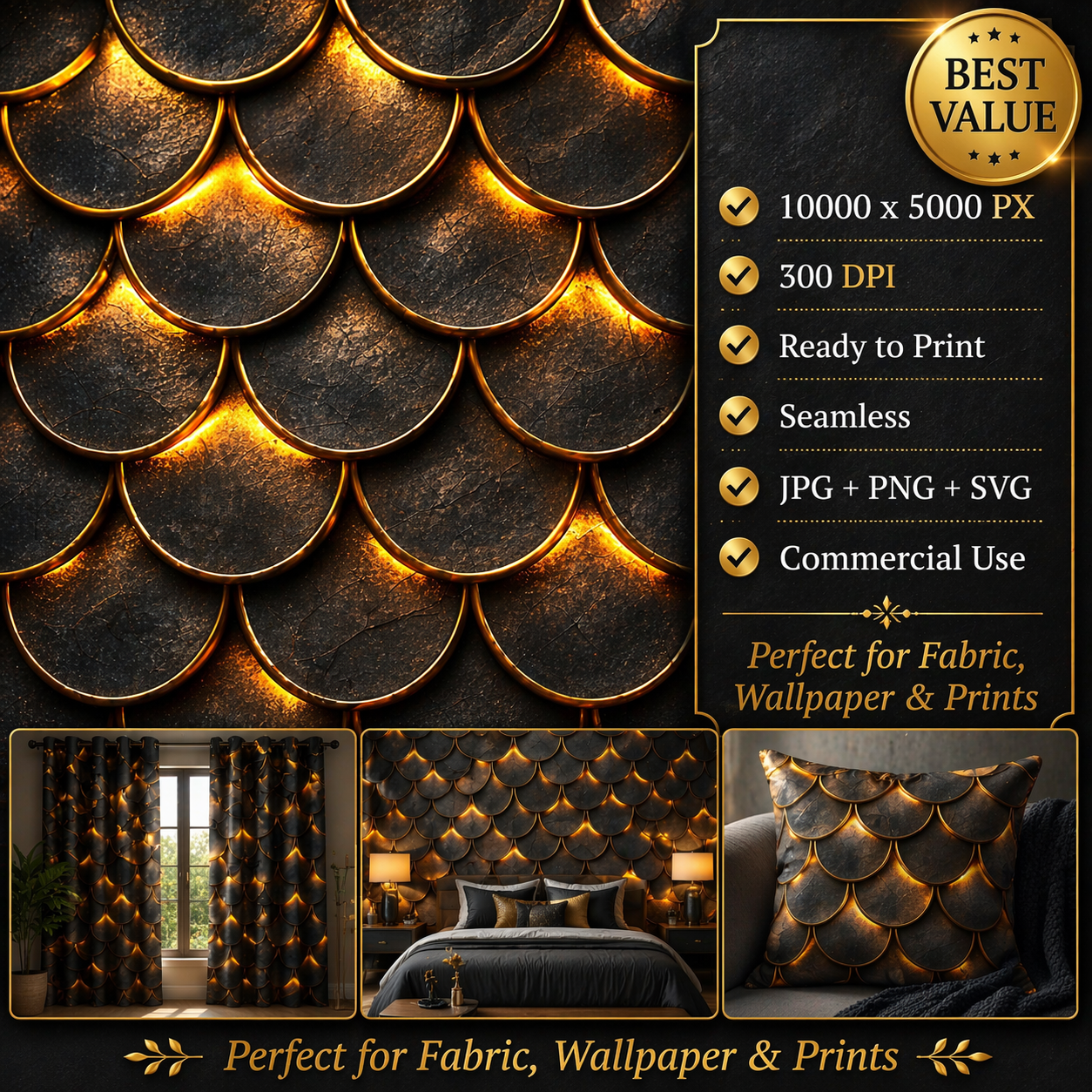 Luxury Gold Scale Seamless Pattern Black Metallic Fish Scale Texture Elegant Background for Wallpaper and Fabric