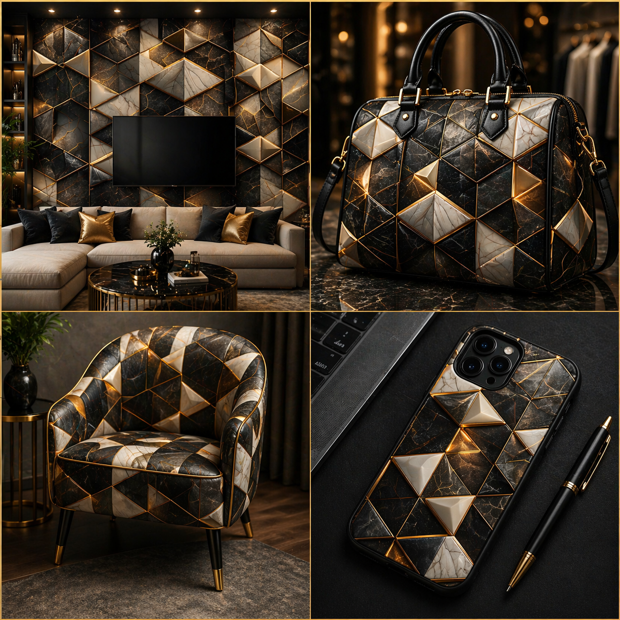 Luxury Marble Triangle Seamless Pattern Black Gold Geometric Abstract Background for Wallpaper and Fabric