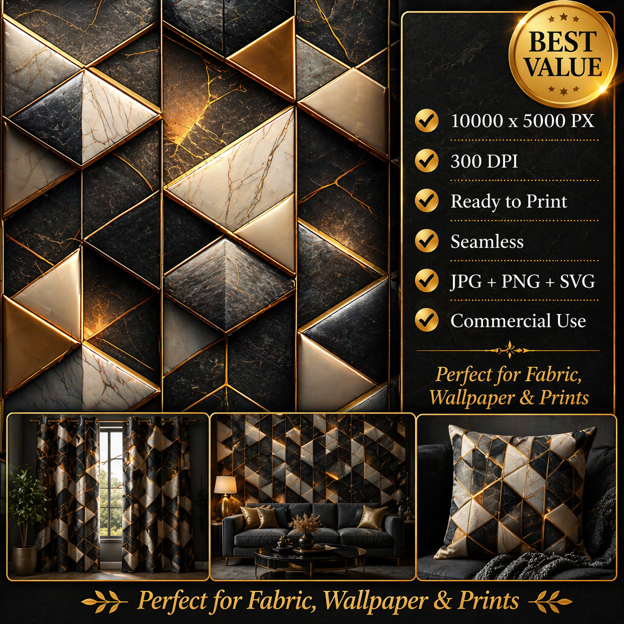 Luxury Marble Triangle Seamless Pattern Black Gold Geometric Abstract Background for Wallpaper and Fabric