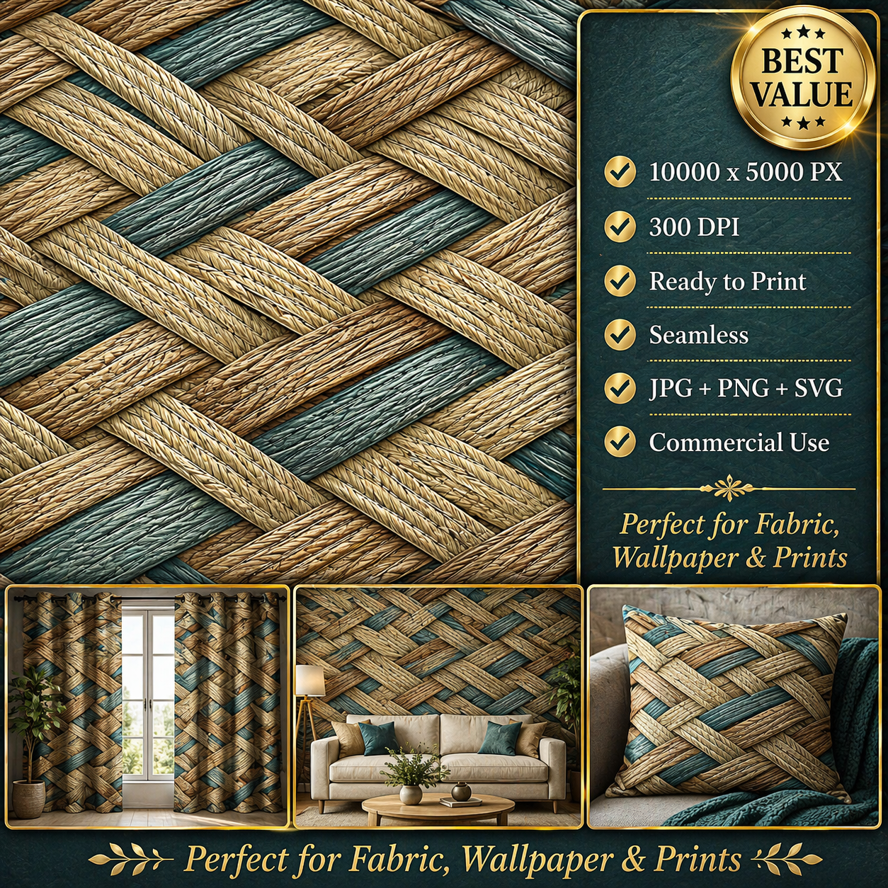 Woven Rattan Seamless Pattern Natural Straw Texture Boho Basket Weave Background for Wallpaper and Fabric