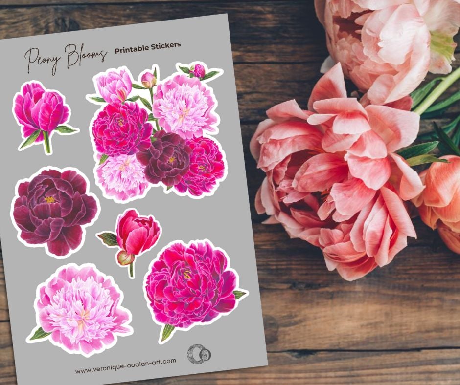 printable sticker sheet featuring peony flowers with a bunch of peonies on a dark wood table