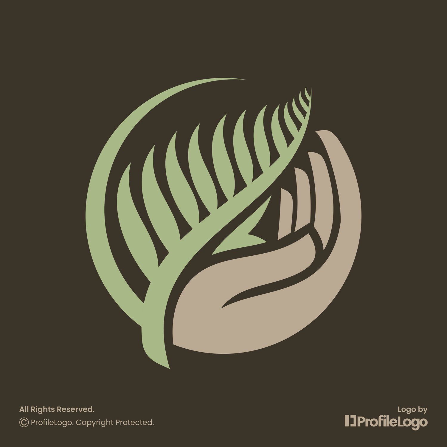 Organic palm leaf hand logo for sale by ProfileLogo with dark brown background