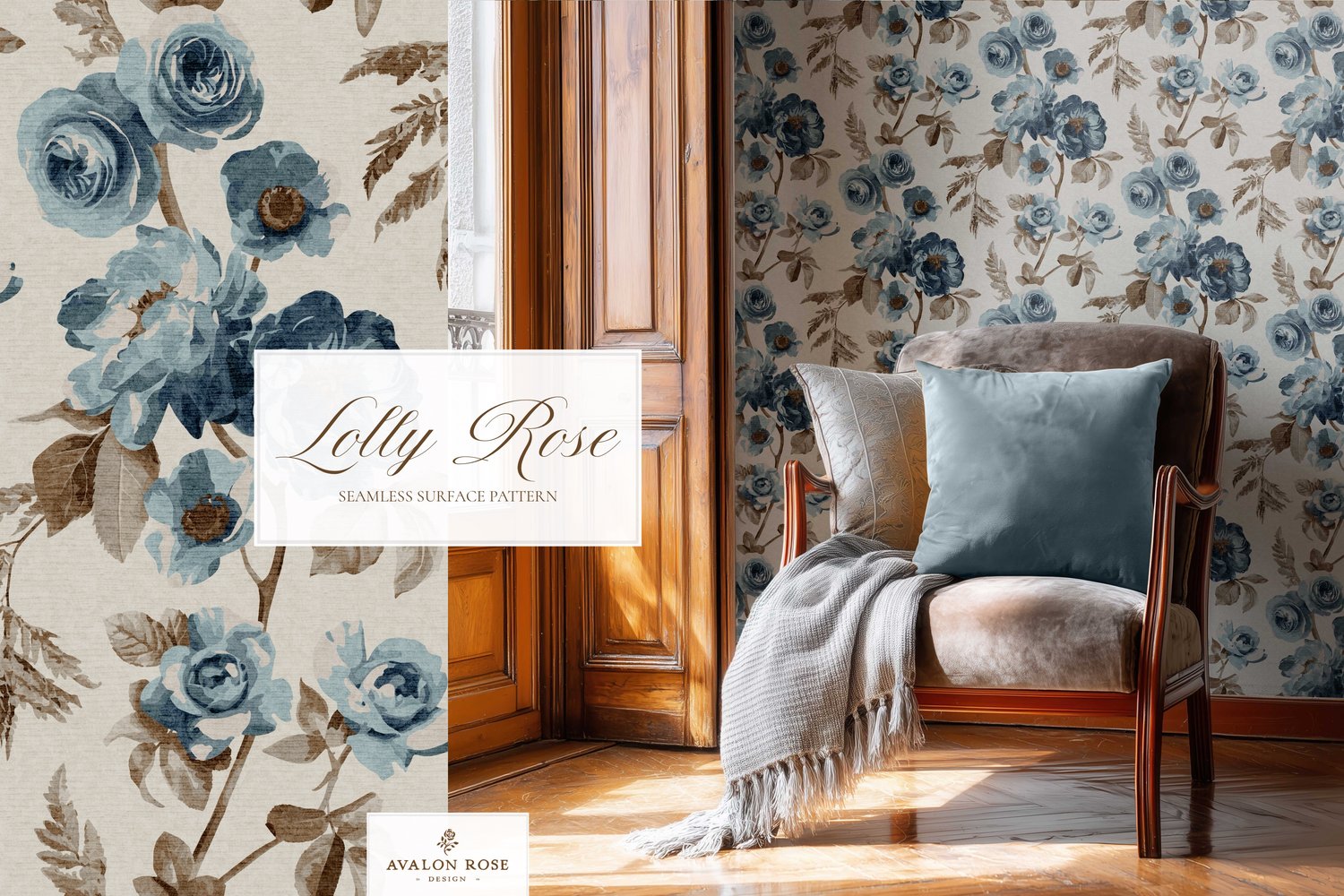 Blue vintage rose seamless pattern design