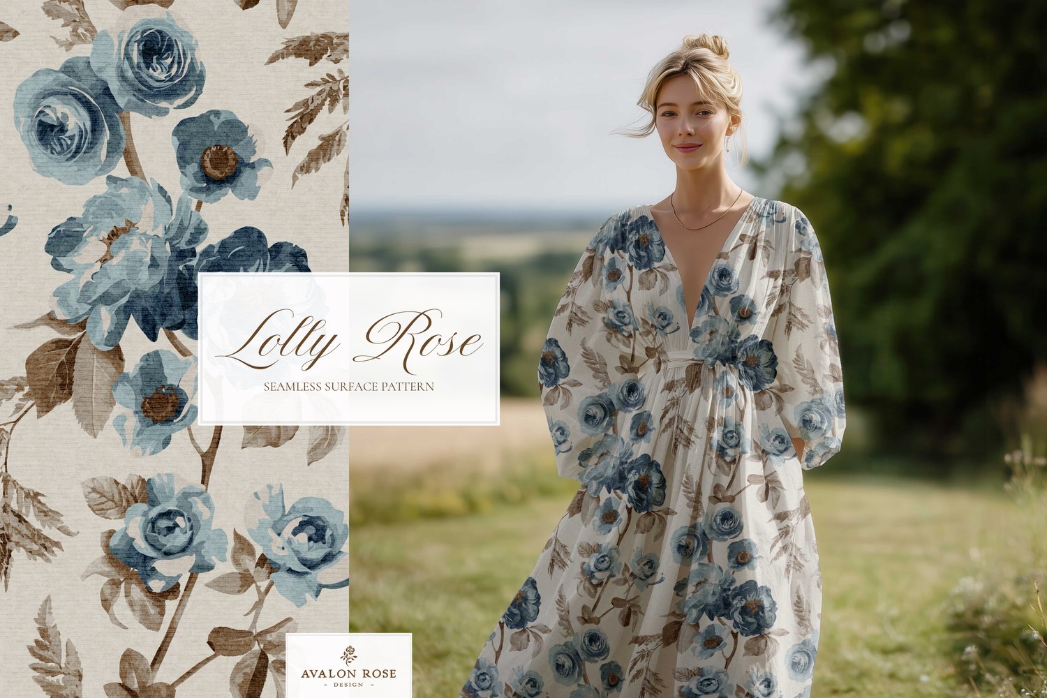 Blue vintage rose seamless pattern design