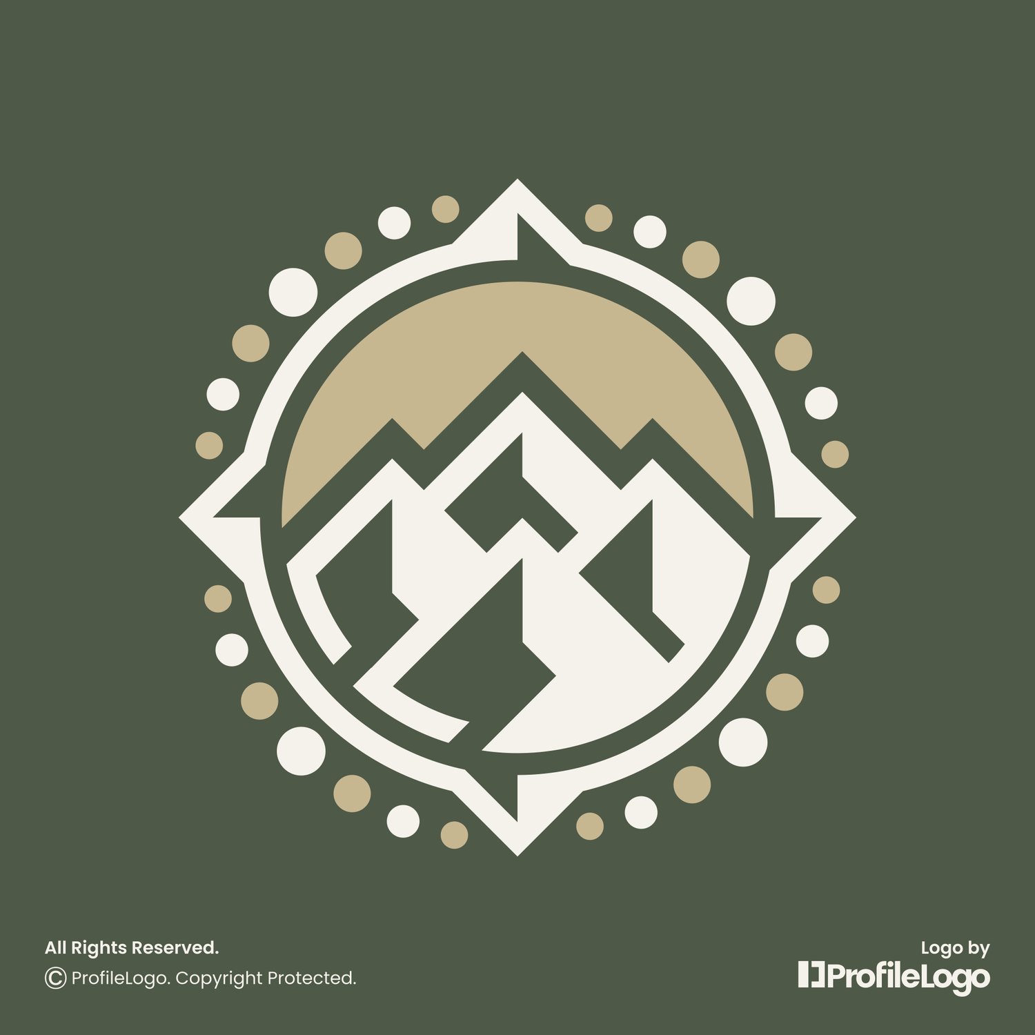 Decorative compass peak mountain logo for sale by ProfileLogo with green background