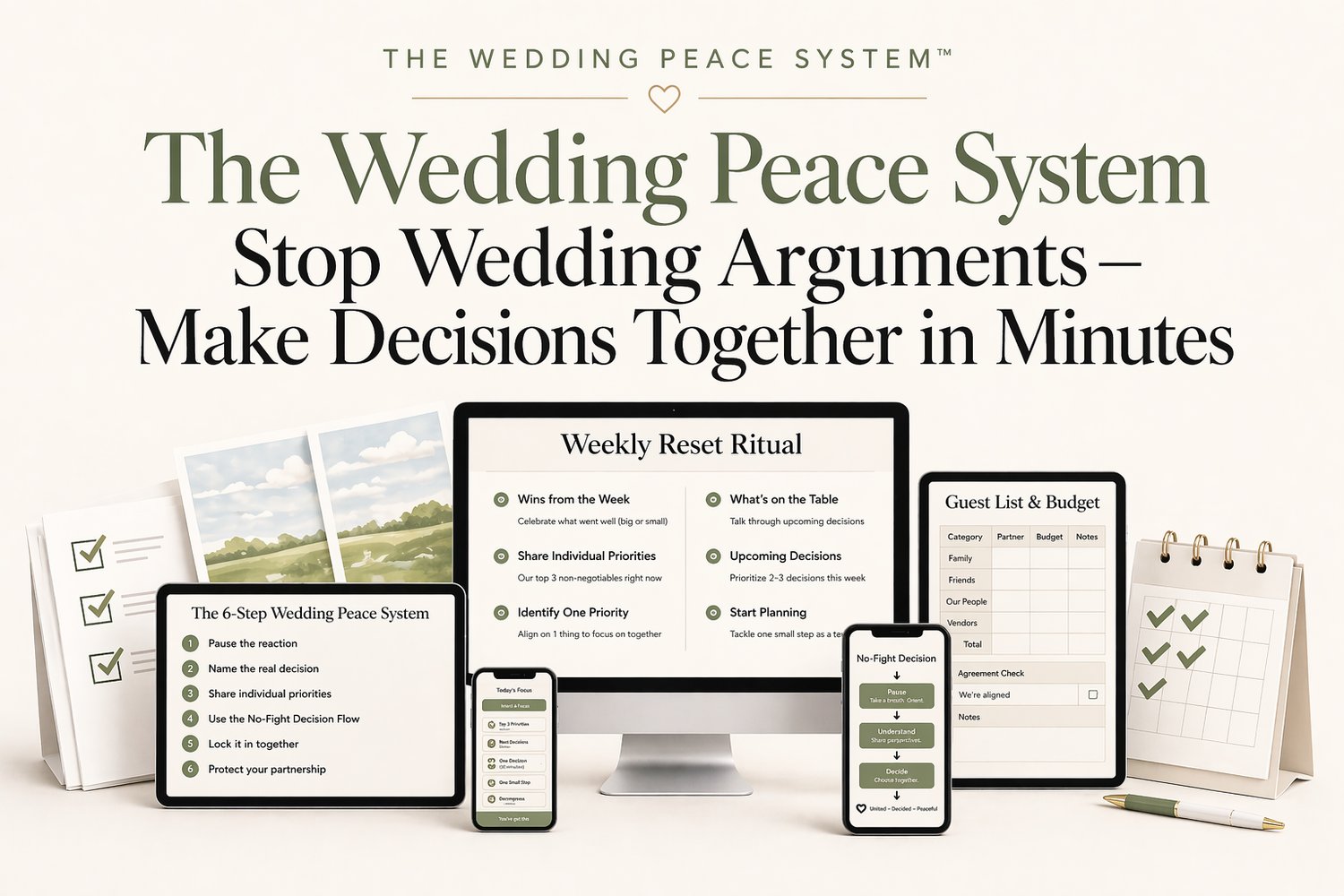 Wedding planning system to stop wedding arguments and help couples make decisions together without conflict. Includes guest list planning, budget tools, and communication strategies for engaged couples.