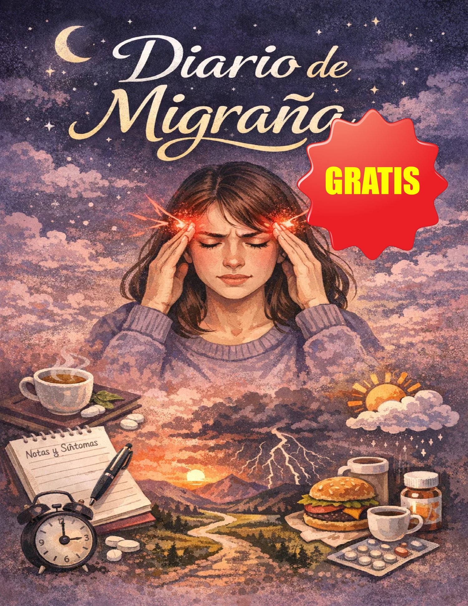 Portada de "Diario de Migraña" con ilustración de una mujer con dolor de cabeza, iconos de factores climáticos, notas y medicación. Incluye sello GRATIS.