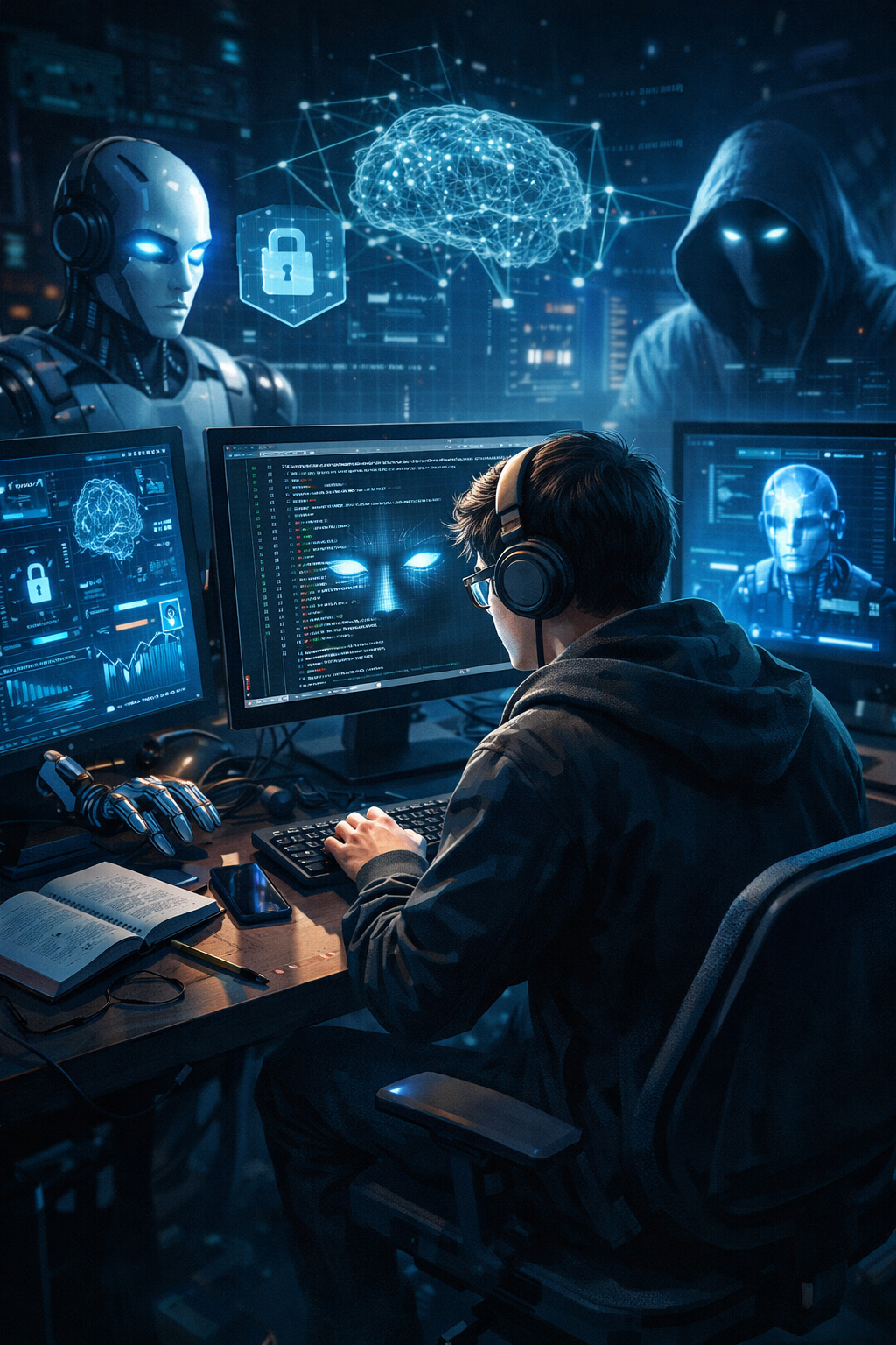 A focused cybersecurity student sits at a workstation surrounded by glowing screens showing code, neural networks, and AI faces. The scene includes a robot head, holographic brain, and digital shield icons, all illuminated in cool blue light to represent 