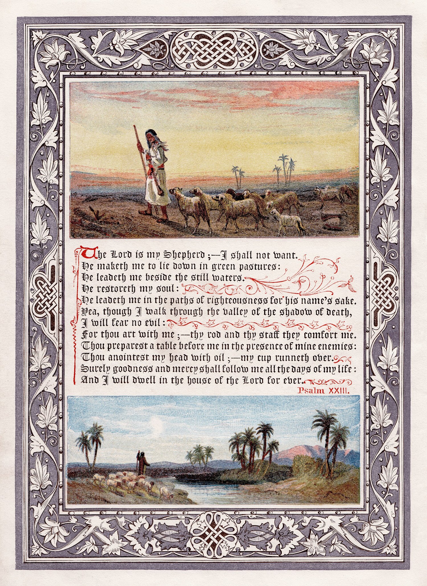 The frontispiece of 'Sunday at Home' Magazine 1880 omnibus. There is a decorative border around three sections. In the top panel a shepherd leads his flock through a flat landscape. In the middle is the text of the Authorised Version of Psalm 23 and at th