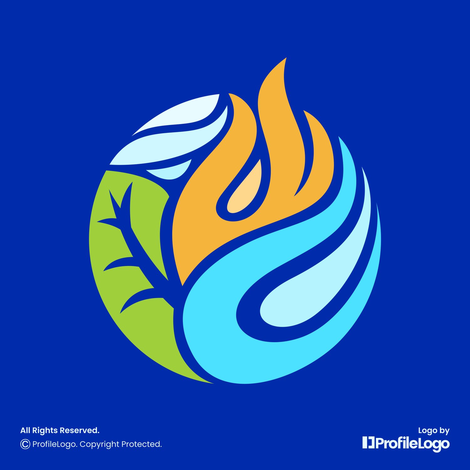 Nature water fire leaf wind logo for sale by ProfileLogo with dark blue background