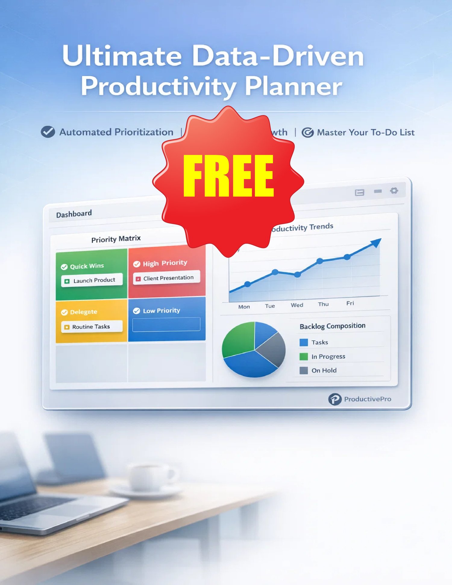 Professional dashboard featuring a 4-quadrant Priority Matrix, productivity trend charts, and task backlog pie chart. Blue and white clean interface for task management.