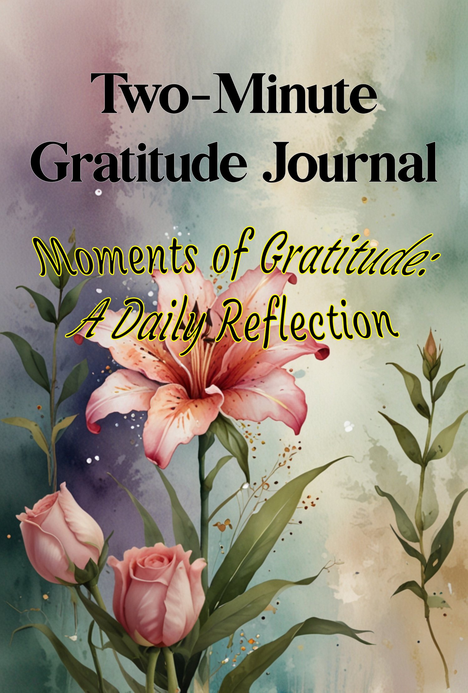 A floral digital journal cover featuring pink lilies and roses on a watercolor background. Text reads "Two-Minute Gratitude Journal: A Daily Reflection" for mindfulness.