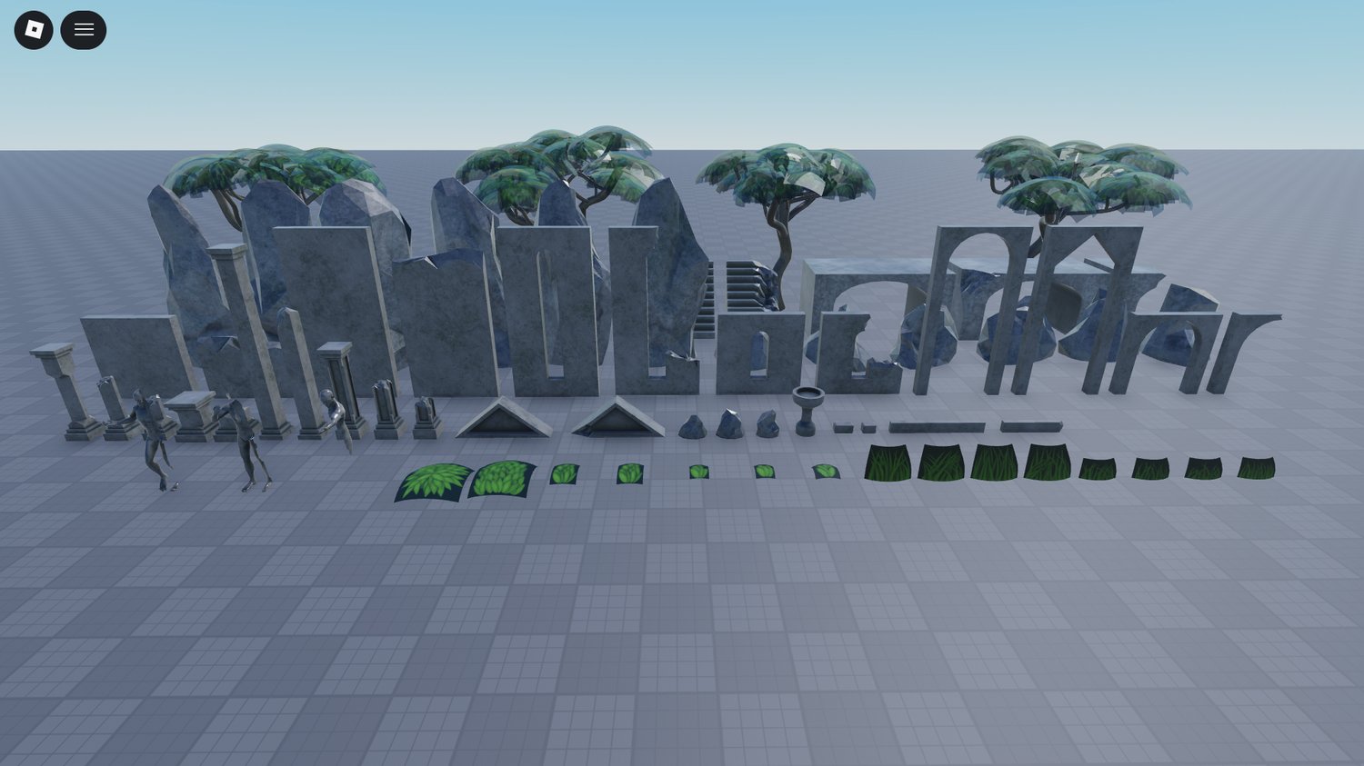 free Roblox temple ruins asset pack with trees and statues