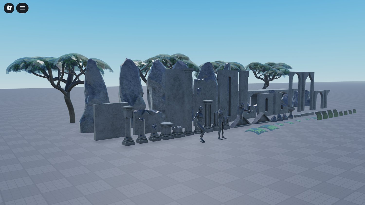 free Roblox temple environment with statues and trees