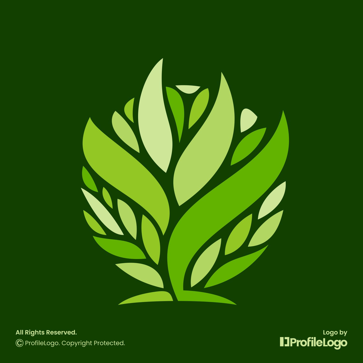 Decorative organic plant leaf logo for sale by ProfileLogo with dark green background