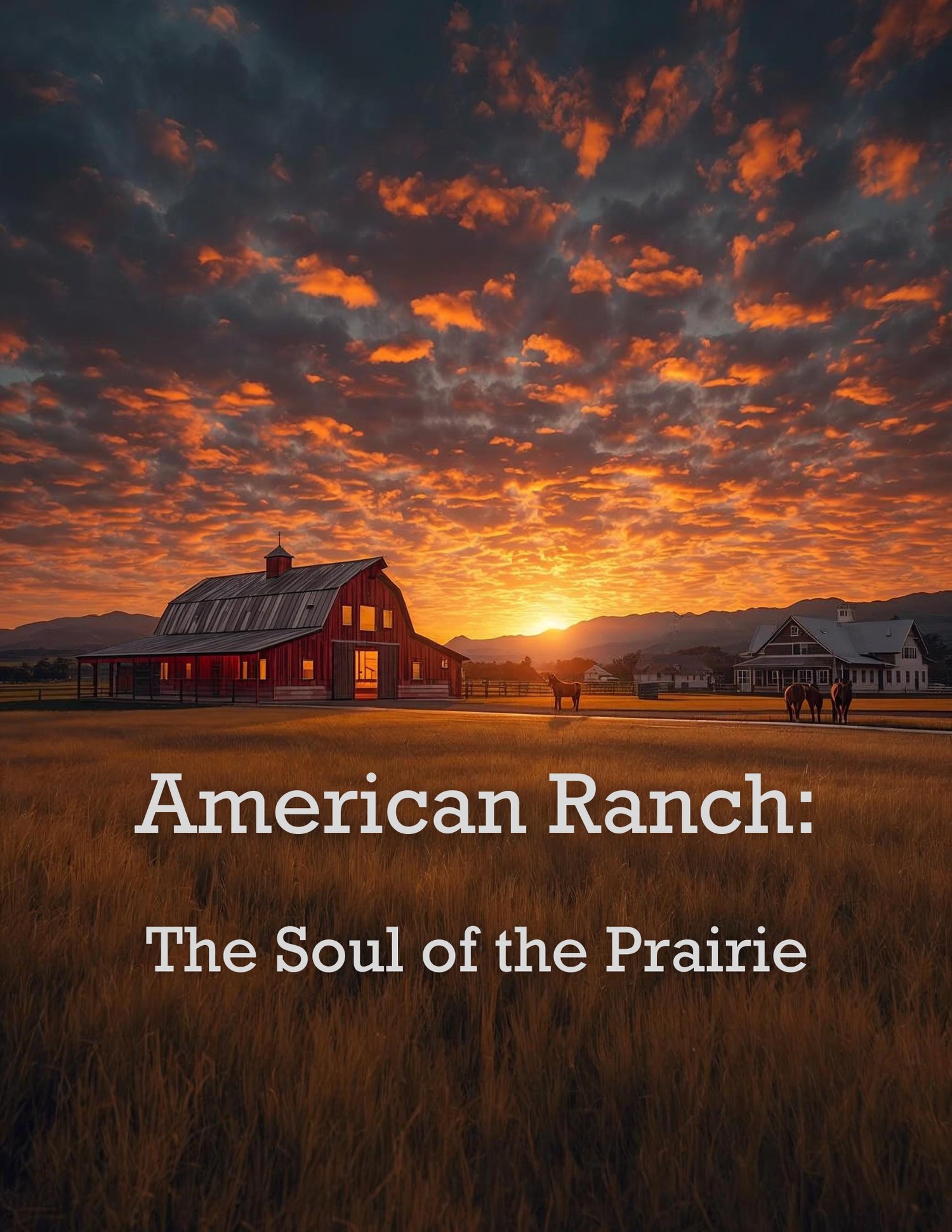 American Ranch coloring book cover: realistic wooden barn, grazing horses, and a sunset over the prairie. Detailed Western art style for adults.